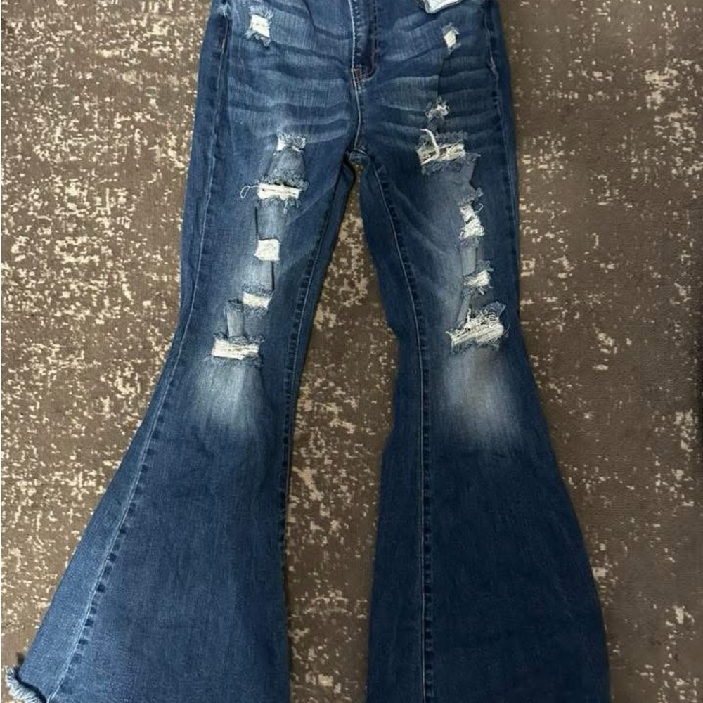 Ripped Dark Blue Flare Jeans for Women